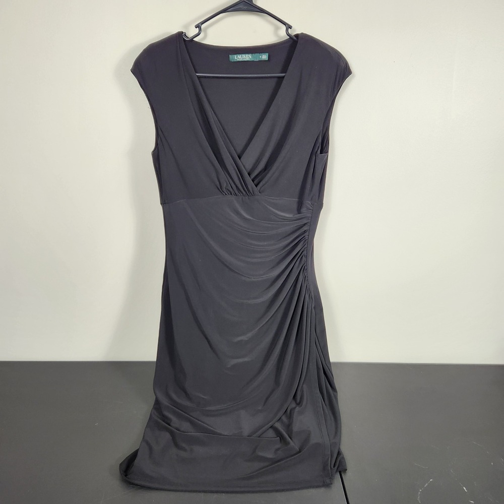 Lauren Ralph Lauren Black Ruched V-Neck Sheath Dress Sleeveless Shoulder Pads 8